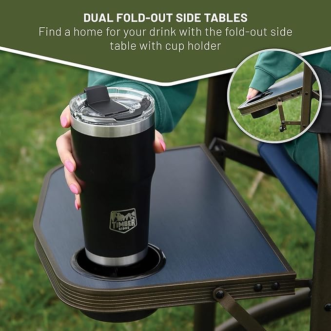 Timber Ridge Double Camping Chair Foldable Loveseat Directors Chairs Oversized Double Folding Camping Chairs with 2 Side Tables 2 Person Lawn Chair Heavy Duty Support 600 LBS for Outdoor Blue