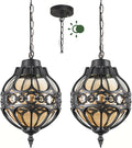 Dusk to Dawn Globe Outdoor Pendant Lights for Porch Garage Black Round Aluminum Anti-Rust Hanging Lighting Fixture Industrial Exterior Ceiling Lantern Light with Amber Glass 2 Pack