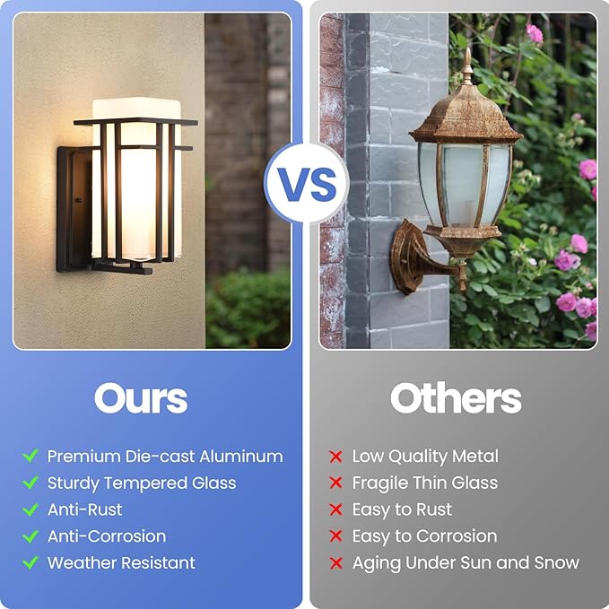 Outdoor Wall Sconce Waterproof Exterior Lights Wall Mount Anit-Rust Outdoor Wall Lantern with Rectangle White Glass Modren Black Exterior Wall Light for Front Door Patio Garage Entryway
