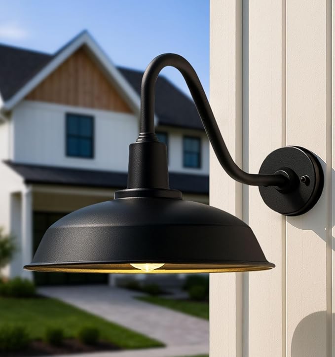 Large 15 Black Gooseneck Barn Lights Vintage Industrial Outdoor Barn Lights for Garage Patio Garden - 2 Pack
