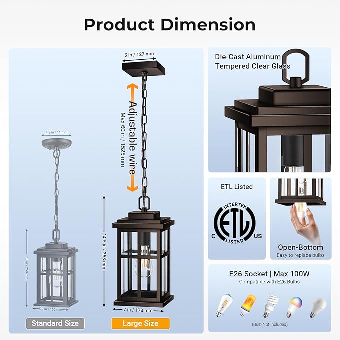 Large Outdoor Pendant Lights forPorch Bronze Hanging Exterior Light Outdoor Hanging Light for House Porch Doorway Waterproof Anti-Rust 100% Aluminum