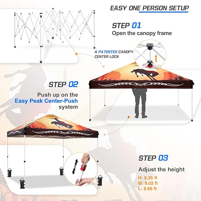 EAGLE PEAK Pop Up Canopy Tent with Wheeled Carry Bag 8 Stakes 4 Ropes 4 Weight Bags Easy Set Up Tent Canopy 10x10 ft 100sqft of Shade Cowboy