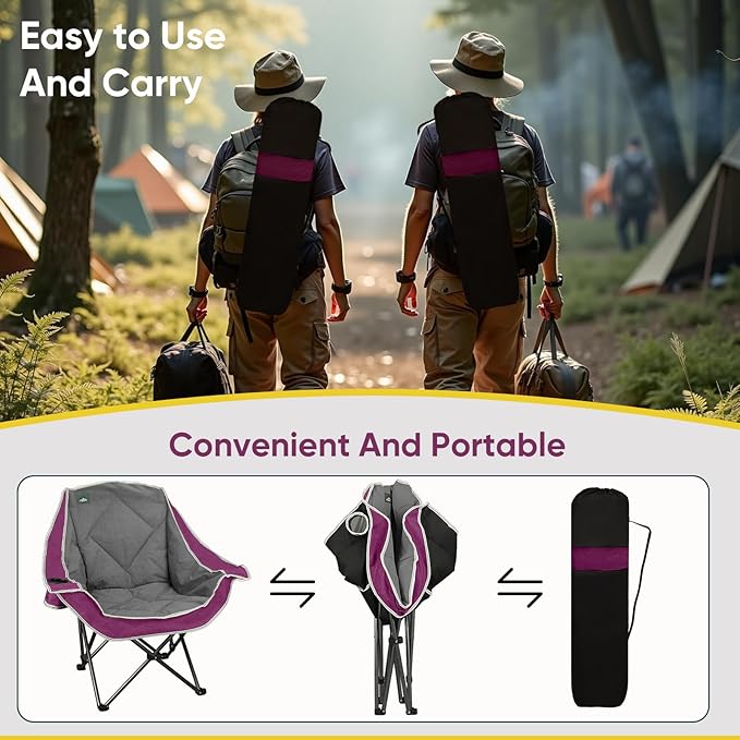 Northroad Oversized Foldable Camping Chair Outdoor Padded Lawn Chair w/Cup HolderCarry Bag for Beach Hiking and PicnicsHeavy-Duty 300-lbs Capacity Purple