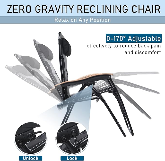 PHI VILLA XXL Oversized Padded Zero Gravity Chair Set of 2 Foldable Patio Recliner 30 Wide Seat Anti Gravity Lounger with Armrest and Cup Holder Support 400 LBS (Black)