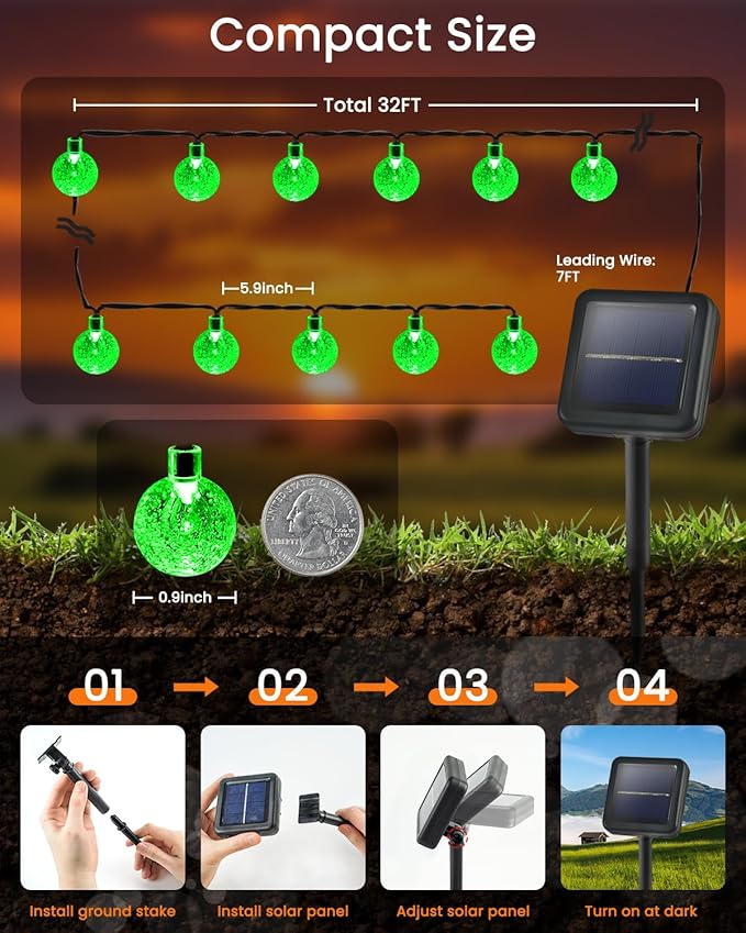 2-Pack 100 LED Green Solar String Lights Outdoor - 64FT Crystal Globe Waterproof Solar Powered Lights for Outside with 8 Lighting Modes for Patio Decorations Garden Party Porch Wedding Yard