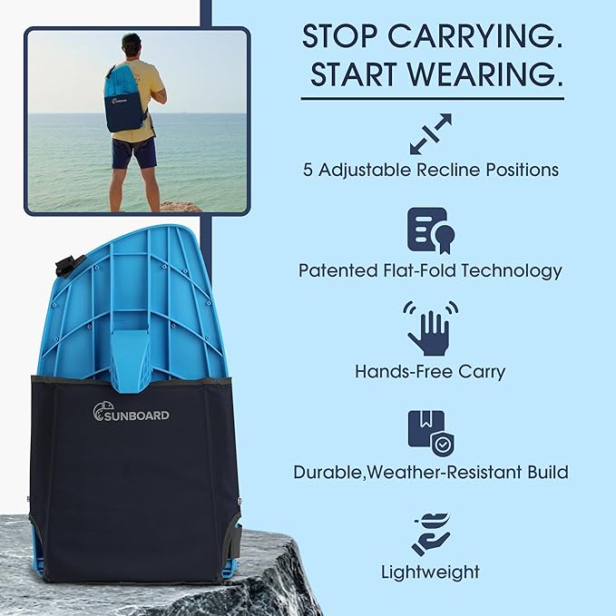 Portable Ground Chair for Beach Camping Park &amp Stadium – 5-Position Recline Wearable Lightweight – Slim Style – (Blue)