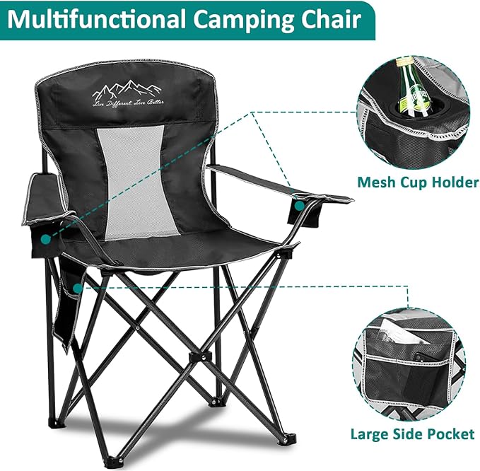 Outdoor Folding Camping Chair with Cup Holder Storage Bag Large Anti-Sink Feet 400lbs Capacity 2 Pack Breathable Mesh Portable Chair for Camping Beach Fishing Sports Black 2Pack