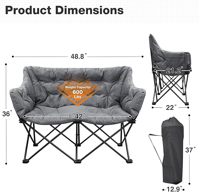 Double Camping Chair Heavy Duty Oversized Padded Loveseat for Adults 2 Person Outdoor Portable Camping Chairs for Lawn Backyard Fishing Trip Support 600lbs Grey