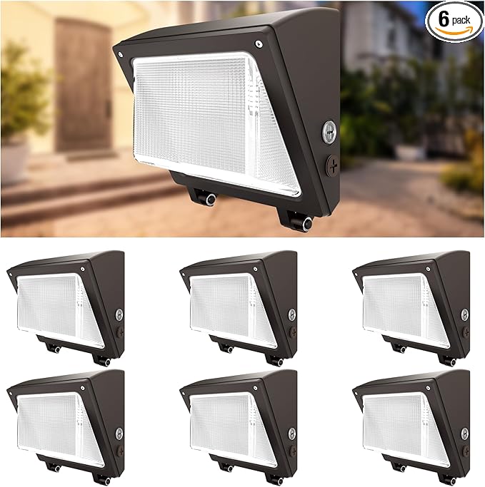 JTT 6Pack 75W/60W/45W LED Wall Pack LightsDusk to Dawn with Photocell6000/5000/4000K Daylight IP65 Wall Mount Outdoor Security LightingEnergy Saving Lights for Warehouses Yard Parking Lot Garage
