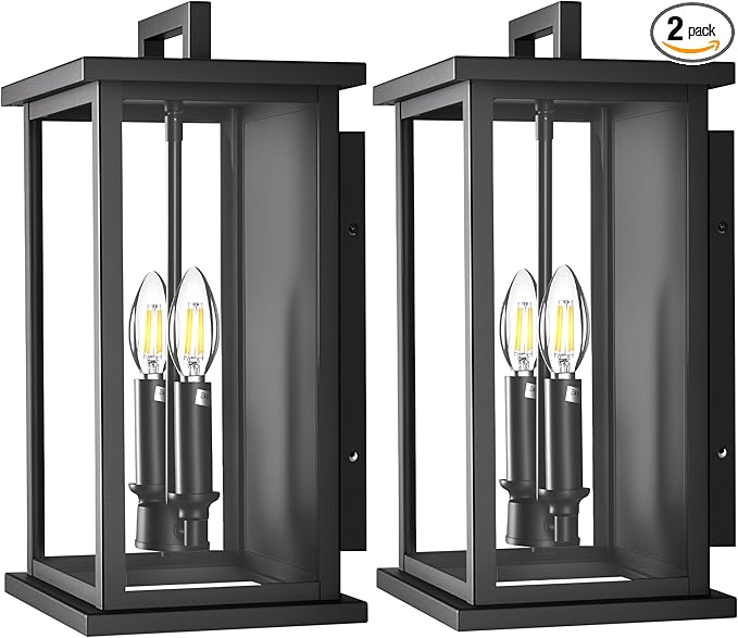 Large Outdoor Lights For HouseModern Exterior Lighting FixturesBlack Outdoor Wall Lantern Sconce2-Light Front Porch Garage Hallway Wall Mount Light With Thick Glass Shades Waterproof 2 Pack
