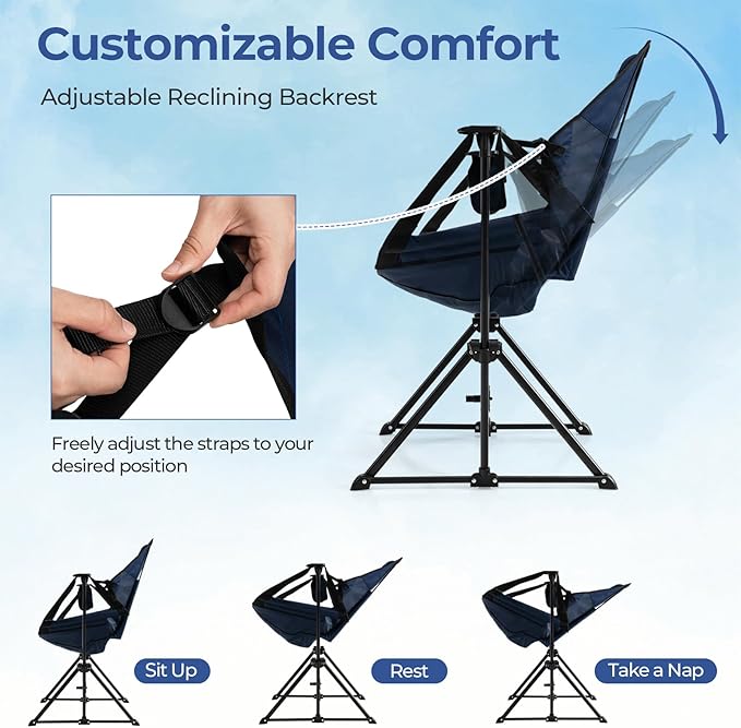 GYMAX Hammock Camping Chair Folding Camp Chair with Detachable Footrest Adjustable Backrest Pillow Cup Holder &amp Carry Bag Portable Rocking Camping Chairs for Beach Lawn Fishing (2 Navy)