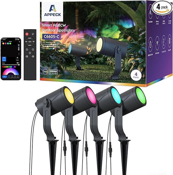 APPECK Smart Outdoor Spot Lights 24W RGBCW Color Changing Landscape Lights 4 Pack IP65 Waterproof Low Voltage Landscape Lighting App/Voice/Remote Control for Garden Yard Pathway Holiday Decor