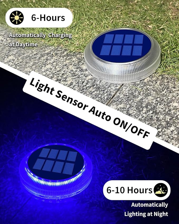 6 Packs Solar Driveway Lights Blue Dock Deck Lights Solar Powered Outdoor IP68 Waterproof Stick on Light for Step Stair Driveway Pool Pathway Walkway Patio