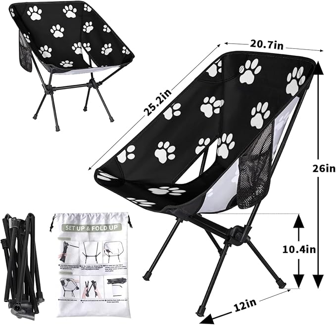 Honeybaby Folding Camping Chair Paw Prints Camping Chairs Lightweight Portable Chair Outdoor Foldable Chairs for Camping Travel Picnic Beach Hiking