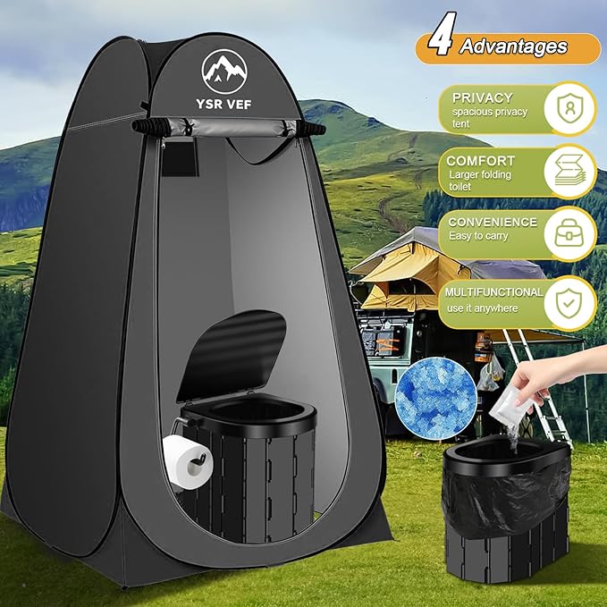 Portable Toilet Kit Camping Toilet with Pop-Up Privacy Tent and Poo Gel Toilet Bags Washable Portable Outdoor Showers Changing Rooms