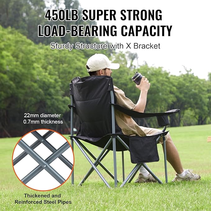 VEVOR Oversized Camping Folding Chair Portable Heavy Duty Outdoor Quad Lumbar Back Padded with Side Pockets Cup Holder and Cooler Bag for Beach Lawn Picnic Fishing Backpacking Black