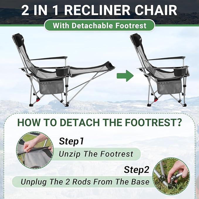 #WEJOY 2-in-1 Reclining Camping Chair Lightweight Folding Camping Chair with Adjustable Backrest &amp Footrest Camping Lounge Chair with Headrest Cup Holder Storage Bag for Beach Lawn Concert