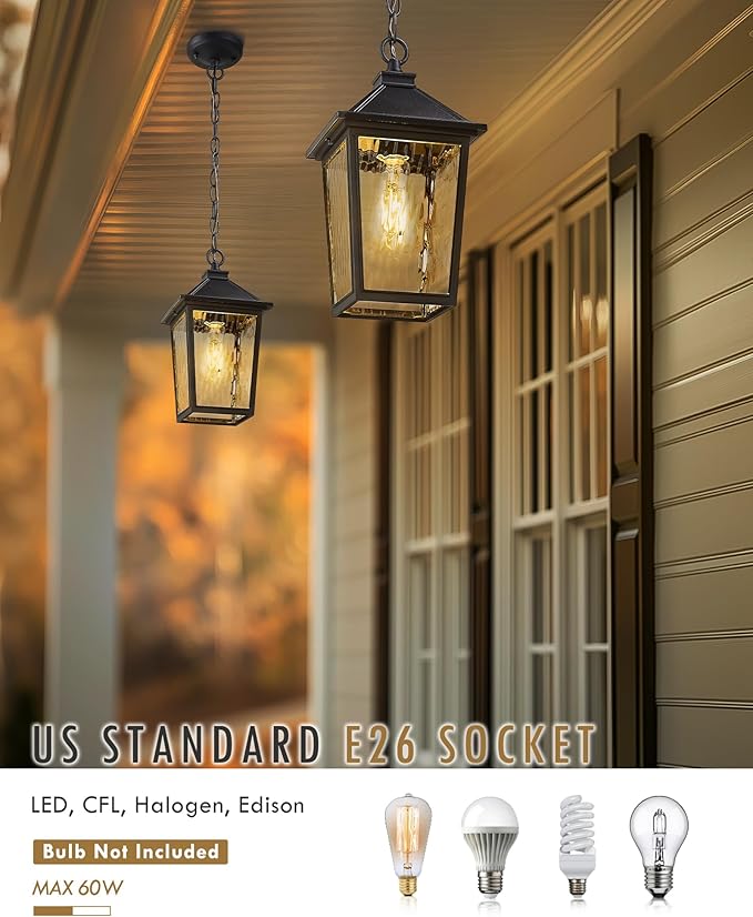 Outdoor Hanging Pendant Light HWH 12 Inch Hanging Porch Light Outdoor Pendant Light Fixture with Adjustable Chain Die-Cast Aluminum with Water Ripple Glass 5HX64H SW BK