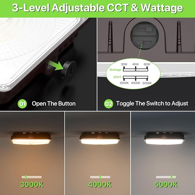 Glitgate 4Pack LED Canopy Lights Outdoor - 60W/45w/30W 3Wattage Adjustable 3000K/4000K/5000K 3CCT Selectable Commercial Canopy Light IP65 Waterproof Ceiling Mount Light for Gas Station Parking Lot