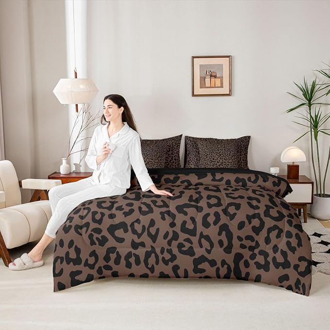 jejeloiu Brown Black Leopard Comforter Set with SheetsPillowcases &amp Cushion Cover Kids Animal Print 7 Piece Bedding Set Twin Size Safari Bed in a Bag for Women Men Room Decor Microfiber Cheetah