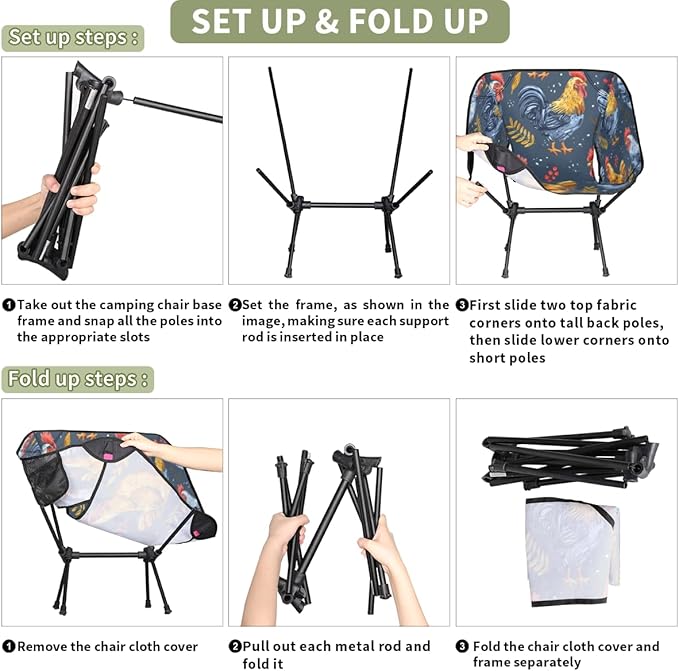 Cute Funny Chicken Portable Camping Chair Lightweight Folding Backpacking Chair Compact Foldable Beach Seat with Carry Bag for Outdoor Hiking Fishing Travel