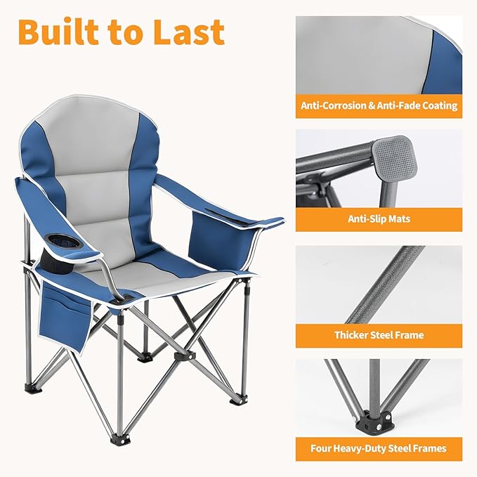 NEWBULIG Oversized Folding Camp Chair for Adults 500 LBS Heavy Duty Support Portable Outdoor Collapsible Chairs with Cup Holders Side Cooler &amp Pockets for Lawn Beach Fishing Hiking Blue