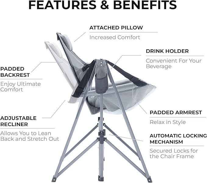 Portable Swing Hammock Chair | Foldable Recliner Rocking Lounger with Headrest &amp Drink Holder | Outdoor Sports Beach Lawn Hunting Tailgating Fishing | Supports 300Lbs (Grey)