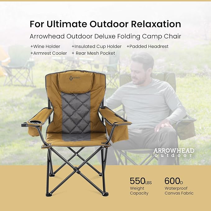 ARROWHEAD OUTDOOR Deluxe Folding Camp Chair – 550lb Capacity Heavy-Duty Quad Chair with Integrated Cooler Headrest and Dual Cup Holders.