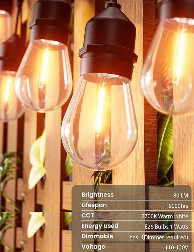 Svater Outdoor Led String Lights 36 FT Patio Lights for Outside with 13pcs S14 Shatterproof Bulbs 1 Watt E26 Dimmable IP65 Waterproof Commercial Grade Bistro Light 2700K Warm White
