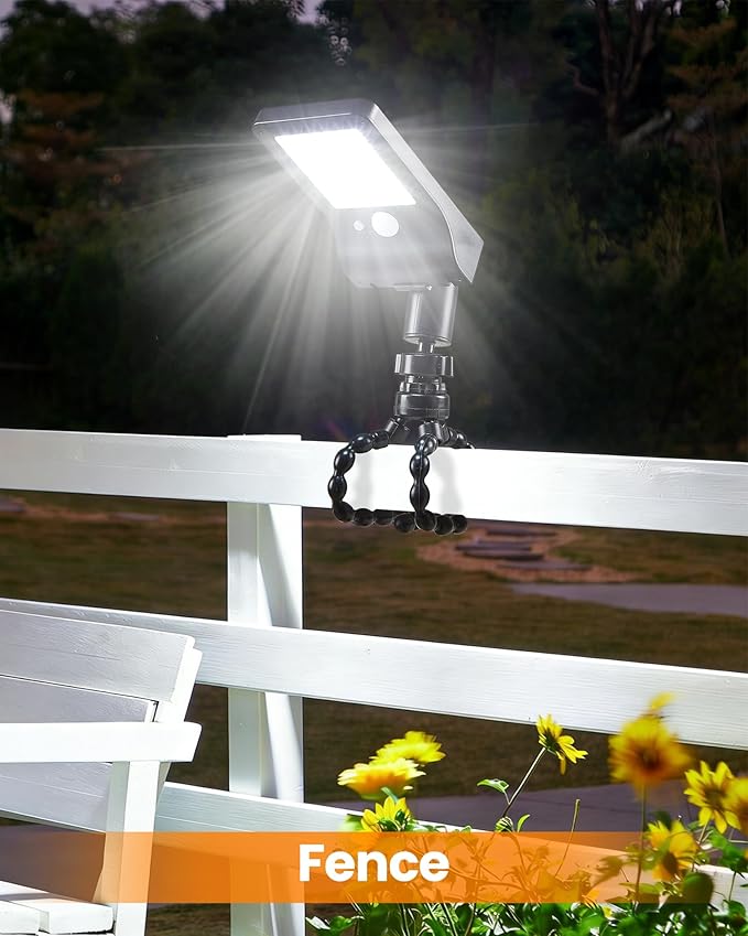 Solar Fence Lights Outdoor 60 LEDs Motion Sensor Security Light with Flexible Octopus Tripod 3 Lighting Modes Adjustable Angle for Fence Deck Camping Patio (2)