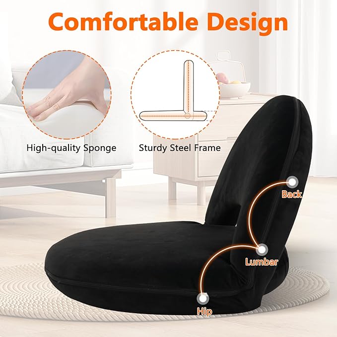 Adjustable Floor Chair with Back Support Foldable Meditation Chair Portable Stadium Seats Recreation Bleacher Seat Versatile Beach Video-Gaming ReadingBlack