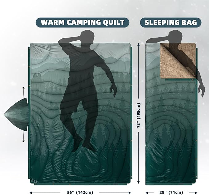 Outdoor Camping Blanket with Sherpa Lining Extra Warm Thick Camp Blankets and Puffy Ultralight Soft Poncho DWR Camping Quilt for Cold Weather Adventure Sleeping Backpacking 78x 56