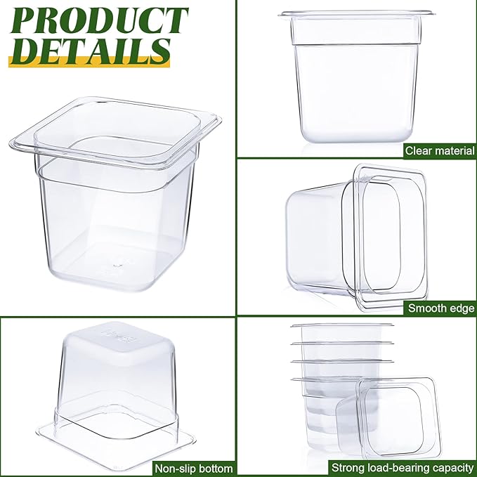 Yinder 24 Pcs Plastic Clear Food Pans 1/6 Size Stackable Polycarbonate Food Containers with Capacity Indicator Restaurant Commercial Hotel Pan for Fruits Vegetables Beans Corns (6'' Deep)