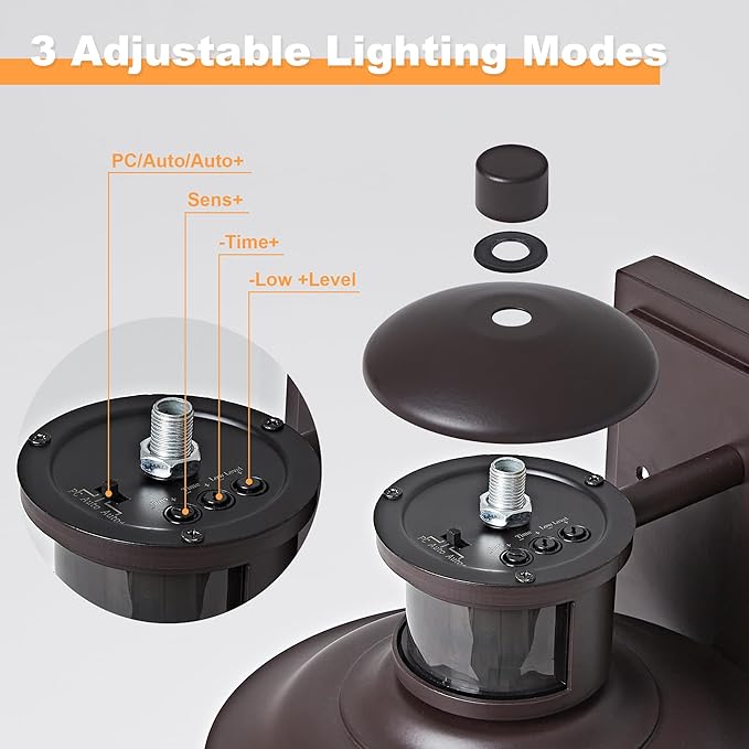 OKELI Motion Sensor Outdoor Wall Lights-Dusk to Dawn Porch LightBrown Outdoor Lights Fixture3 Lighting Modes Waterproof Anti-Rust Outdoor Lights for House Porch Garage (2 Pack