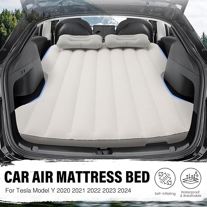 Shademax Self-Inflating Car Air Mattress for Model Y 2025 2024-2020 / Model Y Juniper 2026 Accessories Outdoor Camping Air Bed with 2 Pillows Built-in Pump Air Couch Flocking Air Cushion (Beige&ampGr