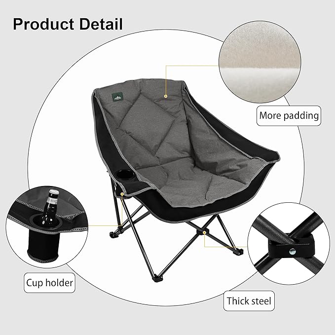 Northroad Oversized Foldable Camping Chair Outdoor Padded Lawn Chair w/Cup HolderCarry Bag for Beach Hiking and PicnicsBlack