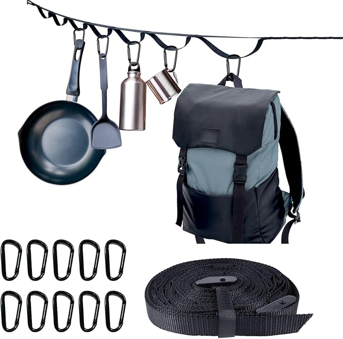 Camping Storage Strap Organizer for Campsite Backyard Garage Cam Buckle Strap with 15 Loops and 10 Carabiners RV Camping Tent Hanging Gear (Black 11 Feet)