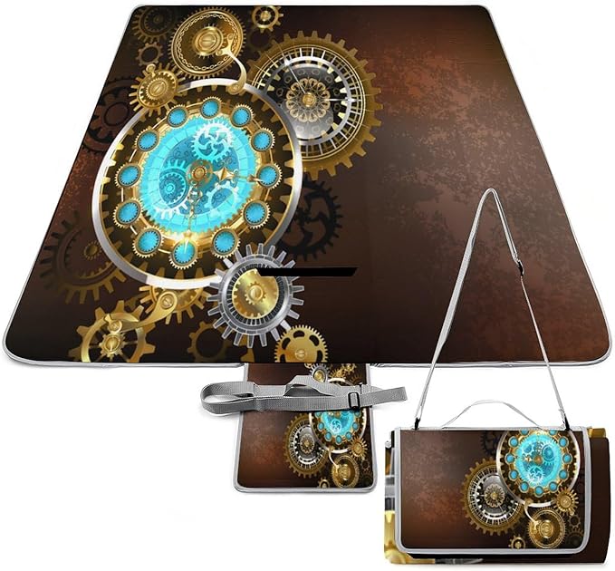 Vintage Steam Punk Clock Art Waterproof Outdoor Picnic Blanket Sandproof Beach Mat for Camping Hiking Grass Travelling