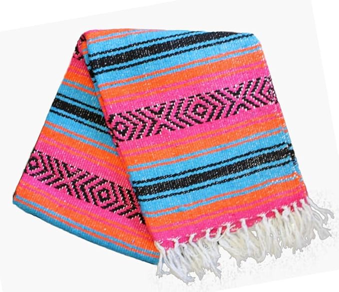 Del Mex Classic Mexican Blanket Large Authentic Woven Falsa Throw (70x50) Artisan Southwest Décor for Beach Yoga Outdoors (Turquoise/Pink/Orange)