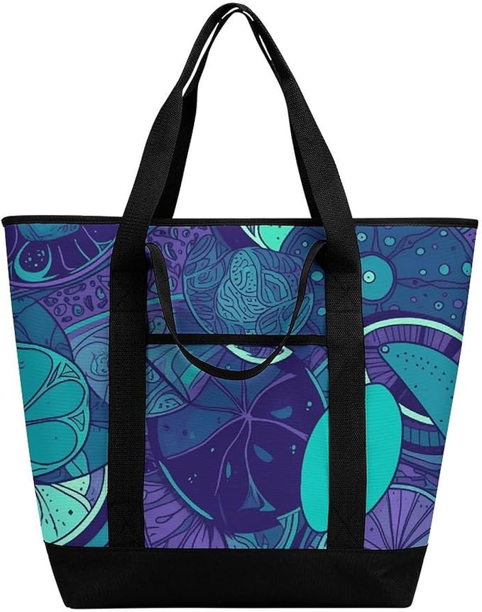 Insulated Shopping BagLarge Reusable Cooler Bags Blue Teal Lemon Printed Foldable Shopping BagTravel Waterproof Shoulder Bag