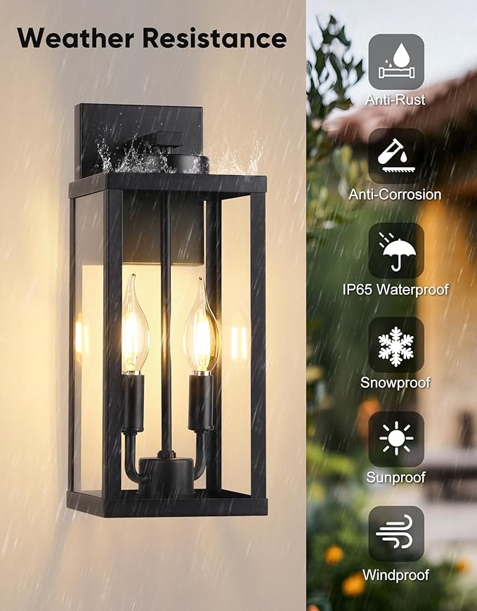 PARTPHONER Outdoor Indoor Wall Lights for House Transitional Wall Lantern Sconce Tall Wall Lamp Waterproof Exterior Lighting Fixture with E12 Base Outside Lights for House Porch Garage Black 2 Pack
