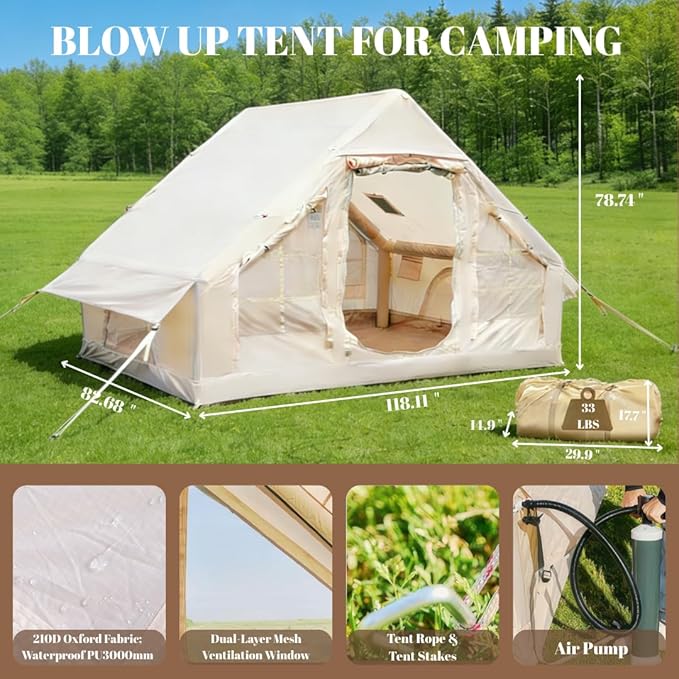 Easy Setup Inflatable Camping Tent Waterproof 4 Season Air Tent with Hand Pump Oxford Glamping Tent for 4/6/8 Adults