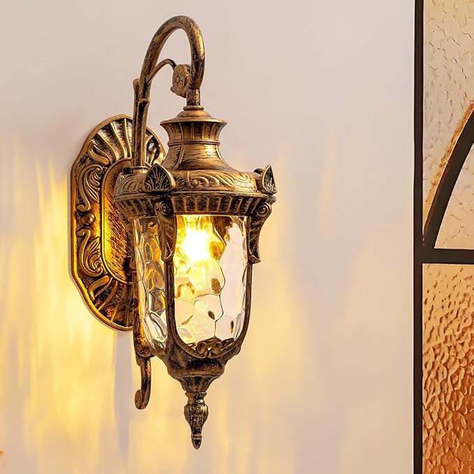 Rustic Wall Sconce LightingLantern Porch Light with Hammered Glass ShadeWaterproof Outdoor Wall Light Fixtures for Garage Room H16.1 in x W9.4 in