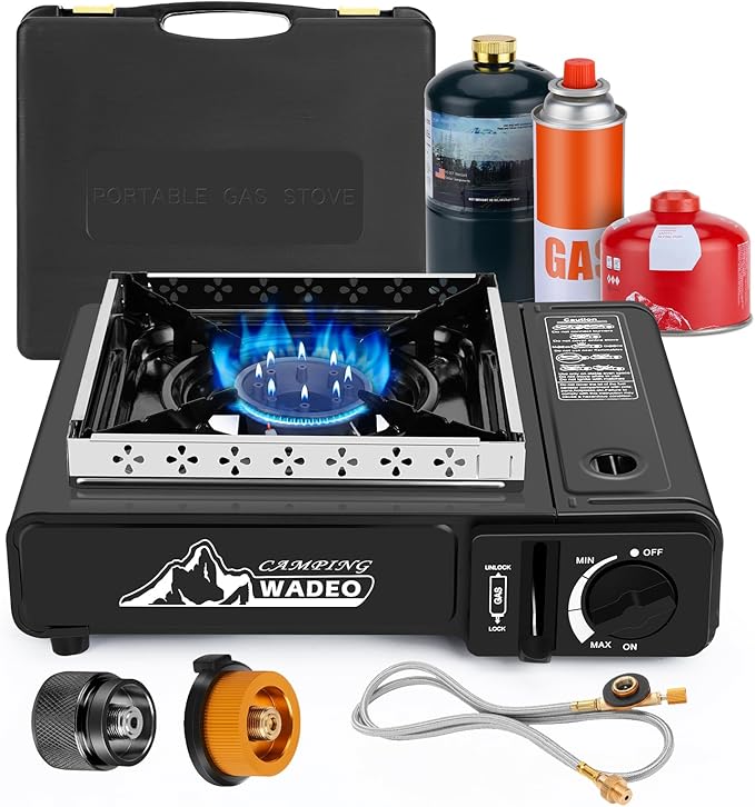 WADEO Three Fuel Portable Camping Stove with Windblocker 3 in 1 Propane Butane Isobutane Stove with Carrying Case and Stainless Steel Hose Adapters Gas Camp Stove for Cooking BBQ Travel RV Hiking