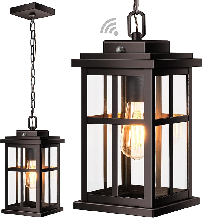 Brown Large Dusk to Dawn Outdoor Pendant Light Outside Hanging Lights with Tempered Glass 100% Aluminum Anti-Rust Outdoor Ceiling Light for Porch House Doorway Waterproof E26 Socket