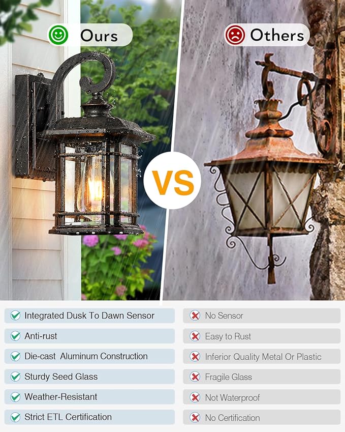 VIANIS Exterior Lighting Fixtures Dusk to Dawn 2 Pack Outdoor Light Fixture Oil Rubbed Bronze Porch Lights with Seed Tempered Glass Outside Lights for House Garage Doorway Patio
