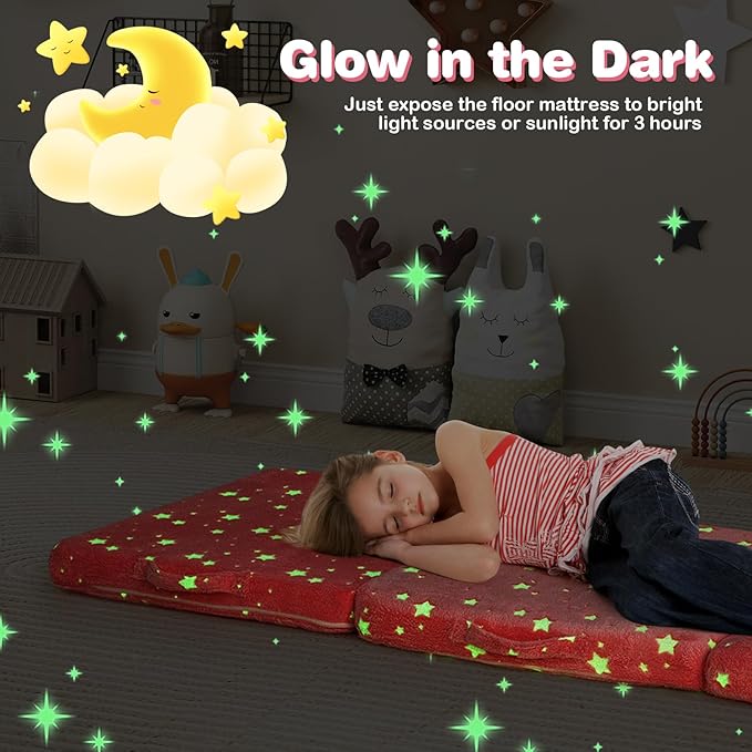 Costzon Foldable Pink Floor Mattress for Kids Glow in The Dark Toddler Floor Nap Mat w/Flannel Cover Tri-Folding Children Floor Bed for Sleeping Daycare Playroom School Kindergarten or Nursery