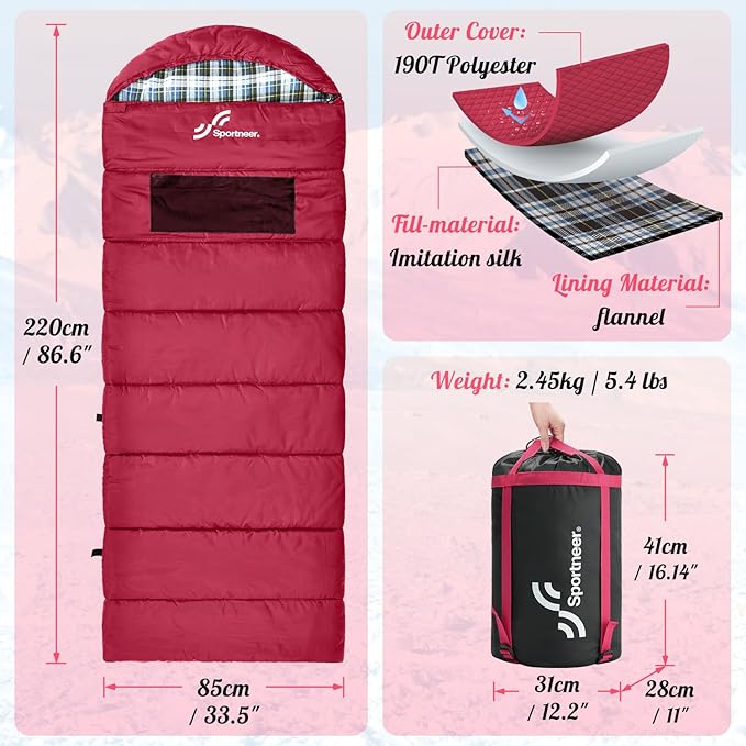 Sportneer Heated Sleeping Bag with 5 Heating Zones Warm Flannel Cold Weather Sleeping Bag for Adults 3 Heat Levels USB Powered (Power Bank Not Included) Winter Camping &amp Outdoor Hiking