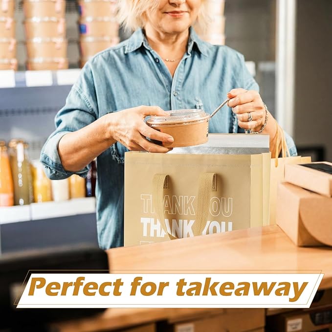 Aliceset 80 Pcs Thank You Insulated Bags for Food Delivery Bulk 9.5 x 9.5 x 6 Inch Thermal Insulation Bag for Cold and Hot Food for Travel Pizza Coffee Milk Catering Restaurant Picnic (Kraft)