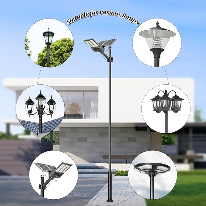 Street Light Pole 16Ft - Black Outdoor Adjustable Metal Solar Street Lamp PostSuitable for Street Courtyard Porch Exterior Patio Flag Lighting Fixtureswith Mounting Rebar Cage Base Accessory